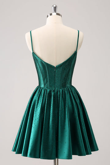 Vestido de fiesta plisado con tirantes finos y corte en A verde oscuro